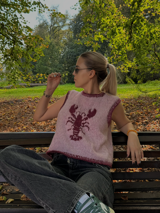 Handmade knitted vest with lobster